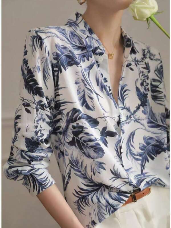 Women's Elegant New Fashionable Blue & White Porcelain Printed Long Sleeve Shirt, High-Quality Comfortable Fabric, Suitable For Spring, Summer, Autumn