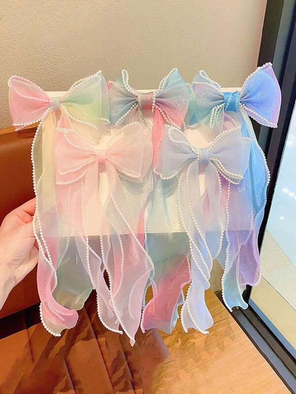 1pc Cute & Elegant Faux Pearl Decor Ribbon Layered Butterfly Hair Clip, Suitable For Daily Wear, Dance, Performance, Birthday Party, Girls' Gift, School, Photoshoot, Fashion Sweet Versatile Hair Accessory (Random Color)