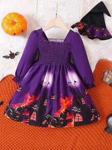Young Girls Halloween Pumpkin Print Long Sleeve Dress With Hat, Autumn - Purple - View 1