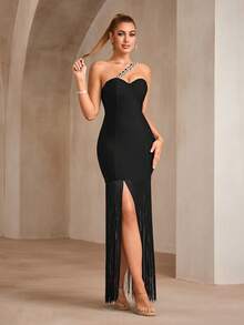 Bernatova 性感斜挎肩带奢华钻石紧身鸡尾酒会礼服，中长款名人晚会礼服，带流苏细节，适合婚礼宾客、返校节、节日、生日、晚宴 - 黑色 - 查看 3