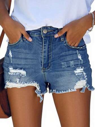 شورتات جينز للنساء مهترئة مع حافة خام ، خصر متوسط ، ممزقة و سائبة ،شورتات جينز كاجوال للصيف