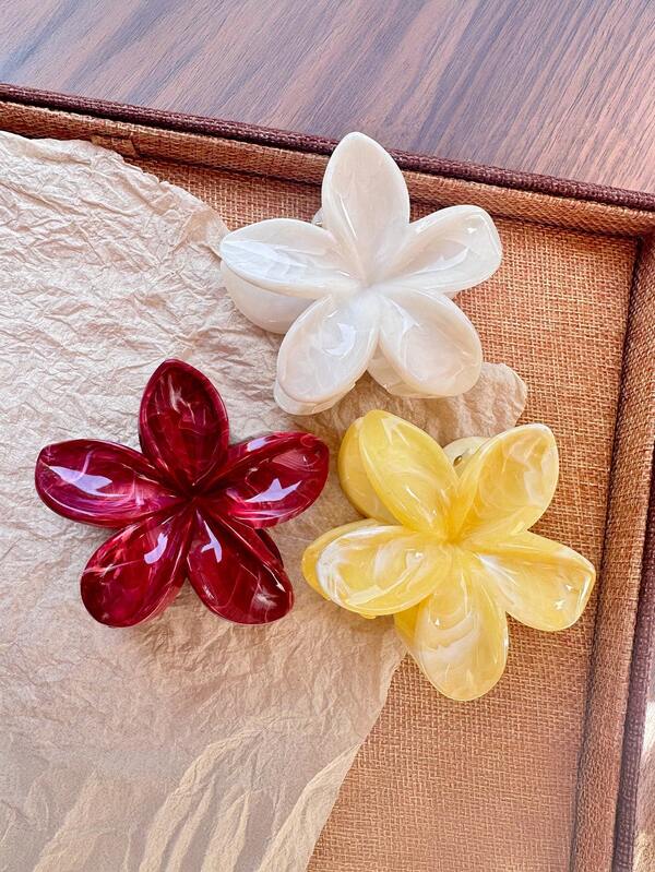 Pinzas de garra 3 piezas/1 set de 8 cm/3,15 pulgadas en color amarillo, rojo vino y blanco con diseño de onda grande y flor. Accesorios de pelo elegantes, simples y versátiles de alta calidad para mujer, adecuados para uso diario, casual, fiesta, trabajo, vacaciones, lavado de cara, maquillaje, atuendo de campus, vuelta al colegio.