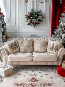 4pcs Christmas Merry Christmas Pillow Covers, Christmas Decorative Cushion Covers, Christmas Tree, Christmas Sled, Red Plaid, Black Plaid, Christmas Gifts, Machine Washable & Dry Clean, Invisible Zipper, Suitable For Room Decor, Sofa Decor, No Pillow Insert - Brown - View 7