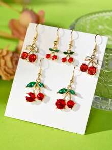 1/3 对时尚亚克力水钻樱桃叶吊坠耳环，多色