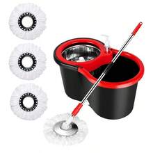 Spin Mop Bucket 360 Rotating  Easywring Microfiber FloorCleaning System + 3 Extra Refills MopHeads,Red/Black Set Pack