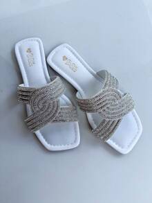 Women's Flat Sandal Rhinestone Shine - White - View 4
