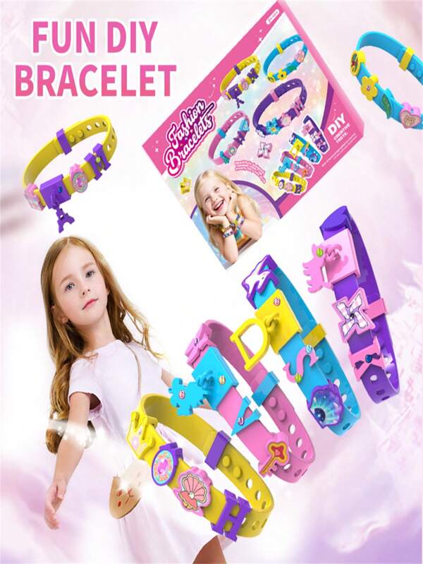 1 Set Kids DIY Fun Beaded Jewelry Craft Cartoon Bracelet Toy, Letter & Pattern Pendant Bracelet Toy, Hand-Eye Coordination & Creativity Building Craft Kit, Handmade Game For Girls, Birthday/Back To School Gift