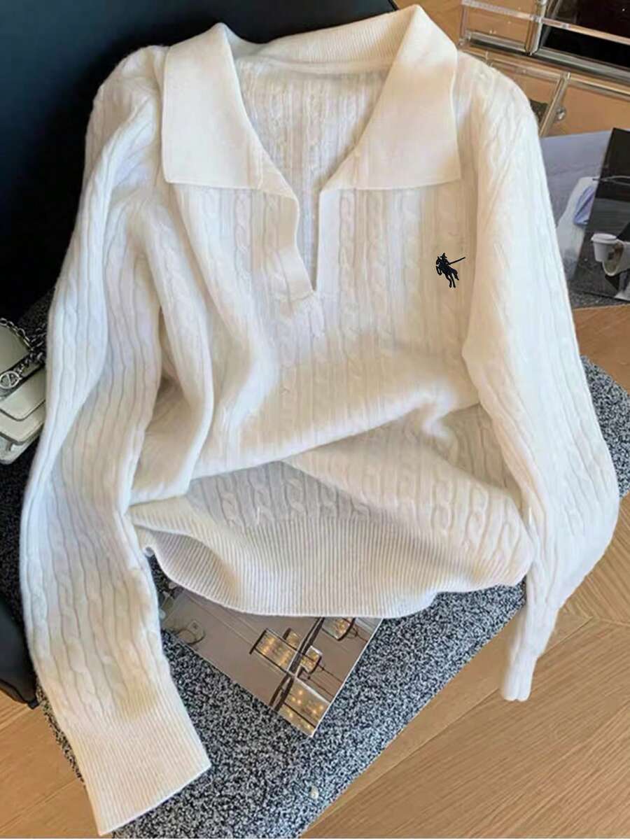 Vera Lane 冬季秋季服装女装骑士刺绣休闲优雅女孩可爱学院风Polo扭纹图案上衣长袖毛衣T恤万圣节约会夜服装女装韩版圣诞毛衣 - 白色 - 查看 1