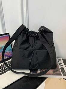 1pc Minimalist Bucket Shape Crossbody Bag, Adjustable Strap, Drawstring Closure, Lightweight Breathable Nylon Material, Solid Color Design, Suitable For Men And Women For Daily Commute And Streetwear - Black - View 4