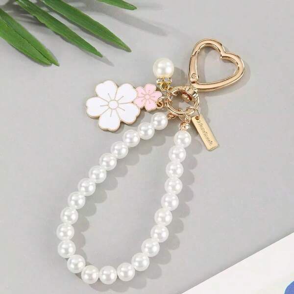 Elegant 1pc Flower Patterned Alloy Faux Pearl Bracelet Keychain Purse Pendant Backpack Decor