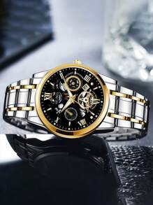 Relógio masculino de escala romana, modelo fashion, 1 peça | Pulseira de aço inoxidável e movimento de quartzo com calendário, relógio masculino de disco grande | Adequado para presentes de aniversário, presentes de formatura, presentes de Halloween