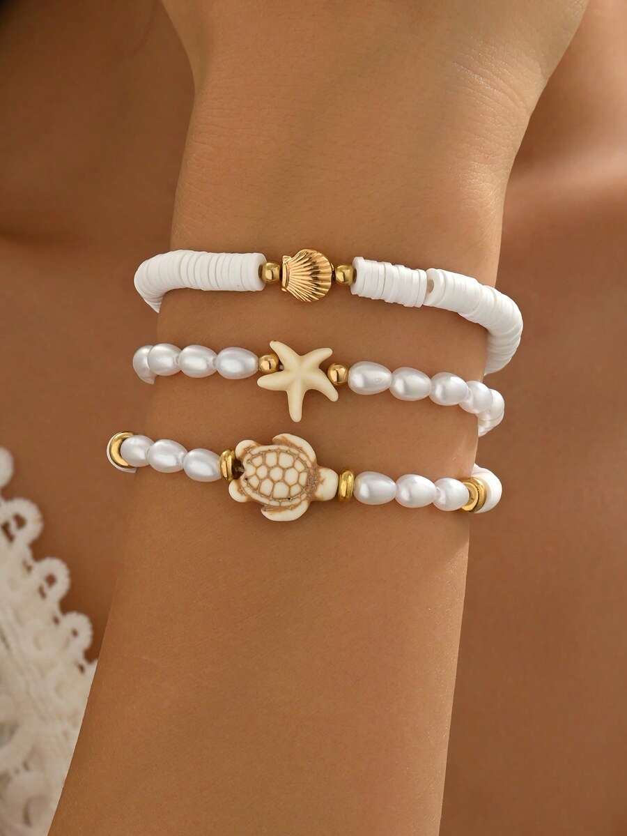 3 件套夏季波西米亚风格白色软粘土和金属合金贝壳串珠手链，配人造珍珠装饰海龟和海星，适合日常、约会、晚餐和沙滩穿着 - 彩色 - 查看 1