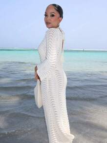 Melissa Matos Vestido Suéter de Playa con Mangas Acampanadas de Onda Calada de unicolor, Sexy