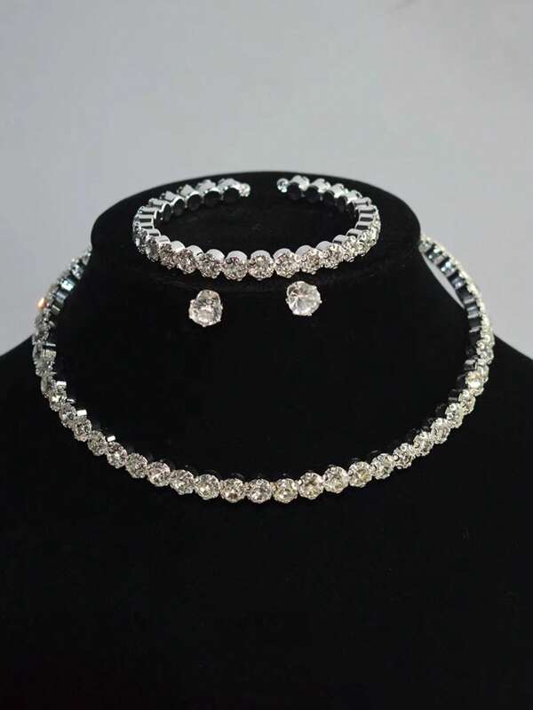 4pcs/Set Fashion Bridal Accessories - Fully Rhinestoned Zirconia Drop Necklace & Earrings Wedding Decorations
