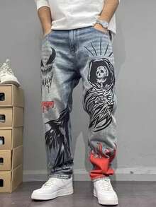 Jeans estilo americano en azul claro - con estampado de graffiti urbano, lavable a máquina, ideal para fiestas y salidas. Modelo versátil para todas las estaciones. - Azul claro - Ver 2