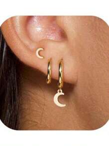 Juego de 3 pendientes aro dorados con baño de oro de 14K, pendientes colgantes con aros apilados en forma de corazón/estrella/luna, apropiados para mujeres, de estilo de moda.