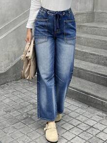 Women's Loose Straight Leg Jeans With Non Elastic Washable Drawstring And Large Pocket Casual Wide Leg Jeans - Rửa tối - Xem 5