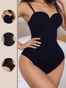 Women's One-Piece Body Shaper With Detachable Shoulder Straps And Cup Underwear Thong Tummy Control Corset - 黑色 - 查看 4