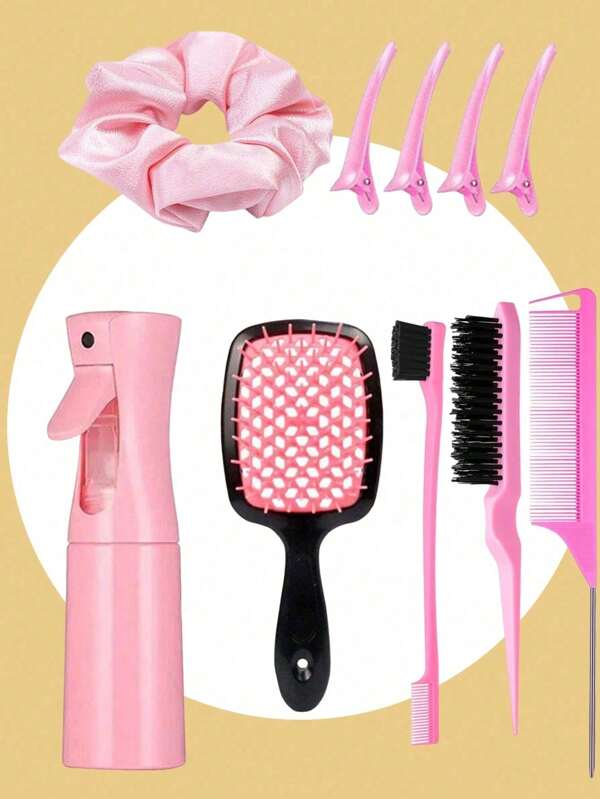 10 Peças/Conjunto Conjunto de Ferramentas de Penteado com Pente de Massagem Quadrado Oco, Incluindo: 1 Peça Frasco de Borrifamento Contínuo de Alta Pressão de 200 ml, 3 Peças Conjunto de Pentes de Penteado para Volume Radicular e Escova de Sobrancelha, 1 Peça Scrunchie Grande de Cabelo, 4 Peças de Clipe de Franja, Adequado para Salão, Barbearia, Uso Doméstico e Viagem, Adequado para Todos os Tipos e Necessidades de Cabelo, Criar Penteados Elegantes