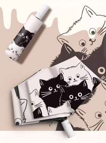 1pc Automatic Folding Umbrella, Women 2-In-1 Sunny Rain Umbrella, Cartoon Black And White Cat Print Sunshade UV Protection Umbrella