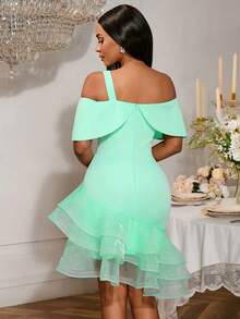 Abito midi elegante AOMEI con spalle scoperte, orlo a sirena in chiffon a strati - adatto per cocktail festa, matrimoni, appuntamenti, damigelle, lauree, ritorno a casa e feste di Capodanno | Abito da sera distintivo nella collezione di abbigliamento di moda - Verde - Visualizzare 3