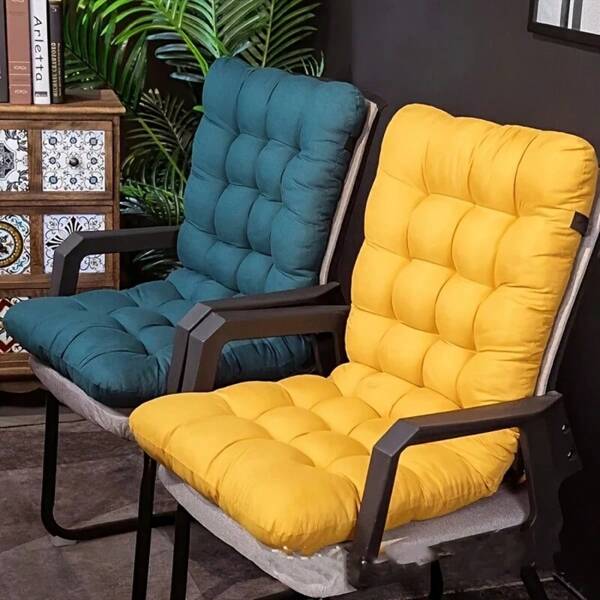 1 pieza Cojín de asiento de poliéster duradero para exteriores, adecuado para personas mayores, oficina, patio y sillas de comedor - Almohadillas de terciopelo verde y amarillo, adecuadas para asientos de patio y cojines de sillas para exteriores, artículos esenciales de playa, accesorios de playa, flotador de piscina