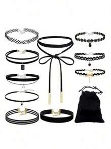 1set Fishbone Tattoo Style Choker Necklace, Black & White Versatile Clavicle Chain