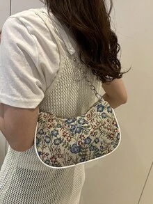 Fashion Floral Patchwork Pattern Shoulder Bag, Versatile Baguette Bag, Metal Chain Mini Bag, Underarm Bag - Blue - View 7