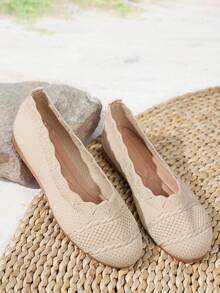 秋冬女士透气防滑平底鞋，户外时尚芭蕾乐福鞋，黑色，一脚蹬休闲通勤鞋 - 米色 - 查看 6