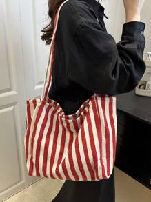 Chic Retro Striped Canvas Tote Bag, Large Capacity Spacious & Versatile, Ideal For Work, School Or Outdoor, Canvas Bag, Beach Bag [Stripe Color And Placement Random], School Supplies, School Bag, School Handbag, School Tote Bag, School Bookbag, Back To School Bags, Lightweight, Portable, Foldable, Classic Casual, Suitable For Teen Girls Women College Students, Perfect For Back To School, First Day Of School, Holiday, Vacation, Tote Bags For School,College Essentials