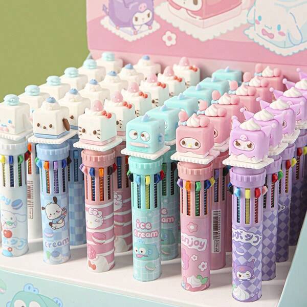 Sanrio Block Sanrio Ten Color Roundball Pens - Multi-Color Push-Button Stationery Pen With High Appearance And Level Of Modeling - Colorful Pen For Stationery