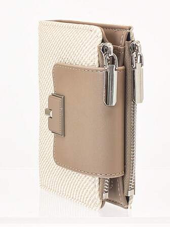 Kurze Damenbrieftasche, Stroh geflochten, weiches strukturiertes PU-Leder, modische zweifach gefaltete Brieftasche mit Druckknopfverschluss, Multifunktions-Kartenhalter mit großer Kapazität, leichte minimalistische Clutch, geeignet als Weihnachtsgeschenk