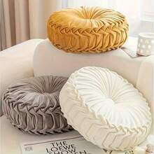 1pc Decorative Round Pleated Seat Cushion, Classy Accent Wheel Throw Pillows With Center Button, Vintage Velvet Floor Pillow For Sofa Couch Vanity Chair Bed - 綠色 - 查看 2