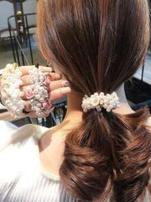 3 Peças Scrunchies de Cabelo com Pérola de Rosa, Elásticos de Cabelo, Acessórios de Cabelo Femininos, Segura o Penteado Sem Danificar o Cabelo