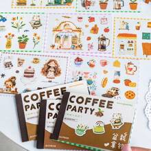 12 Sheets/Book Sticker Book Coffee Party Series Coffee Scenery PET Sticker Book, Scrapbook Supplies, Notebook Accessories, Decorative Notebooks, Photo Frames, Phone Cases, Water Cups, Junk Magazines, Pencil Cases, DIY Personalized Stickers, School Supplies, Back To School