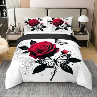 3pcs Duvet Cover Set, (1 Duvet Cover + 2 Pillowcase, Without Core) Red Rose Flowers Beautiful Petals Love Black And White Butterfly Stripe Art Painting Print Soft Comfortable Bedding Set For Bedroom Dorm Room