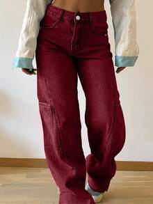 Women's Wide Leg Straight Leg Jeans, Non Stretch Front Button And Pocket Casual Loose Denim Pants - Red - View 5