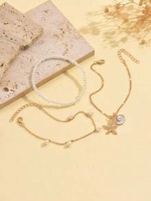3pcs/Set White Pearl Tassel Starfish Shell Pendant Anklet, Gold Multilayer Women Foot Jewelry, Suitable For Daily Wear And Vacation - Multicolor 2 - View 3
