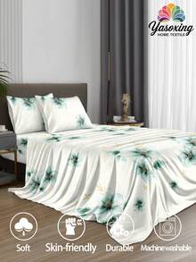 4pcs/Set Garden Green Leaf Flower Pattern Sheet Set Easy Care Microfiber Soft Bedding Set Floral Fitted Sheet Set (1pc Flat Sheet+1pc Fitted Sheet+2pcs Pillowcases)Fitted Sheet Set King Queen Full TWIN SIZE Sheet Deep Pocket Up To 11.8 Inch Pillowcase, Soft Breathable Wrinkle-Free Better For Sleep, Luxury Hotel Style, Gift For Mom Dad Friend Back School - Multicolor - View 2