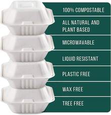100% Compostable Clamshell Take Out Food Containers [6x6 50-Pack] - Disposable Food Containers Made Of Bagasse, Sugarcane Fiber - Microwave, Refrigerator-Safe - Heavy Duty To Go Burger Box - Blue and White - View 6