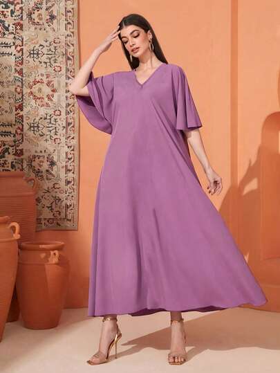 2025 Summer Middle Eastern Style Patchwork Lace Trim Solid Color Elegant Dress