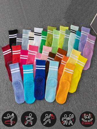 1/5/10 Pairs/Pack Women's Random Spring And Autumn Two-Bar Macaron Color Foot Sole Silicone With Grip Suitable For Indoor Yoga Pilates Pull Fitness Dance With Yoga Pants Sportswear Mid-Tube Socks