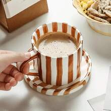 Classic Striped Ceramic Coffee Cup & Saucer Set, Nordic Minimalist Retro Homestyle Water Mug, Office Use Latte, Coffee Cup, Cold Brew Tea Cup, Suitable For Middle Eastern Tea, Arabic Coffee, Large Capacity American Coffee Mug, Great Gift For Friends And Relatives