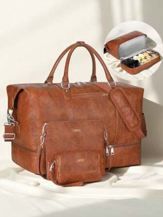 3PCS Travel Duffel Bag, Weekend Travel Bag With Shoe Compartment And Pockets, Travel Business Essential Toiletries Gift, Wet And Dry Separation Handbag With Handle And Back Pocket, Fashionable And Casual Style, With Trolley Case Cover On The Back Bag For School School Accessories School Stuff