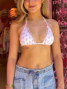 Alyweatry Women Y2K Bikinis Sets Coquette Aesthetic Bows Halter Tie Up Bikini Top High Cut Elastic Waist Bikini Bottom - 荷葉邊花卉印花 - 查看 3