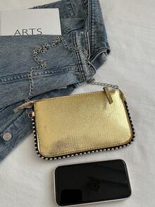 Túi đeo vai họa tiết da báo cho nữ, Túi đeo chéo thời trang mới Charm Chic có trang trí hạt cườm - Vàng - Xem 8