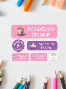Pegatinas de nombre personalizadas para guardería, etiquetas de nombre adhesivas impermeables para ropa y botellas de niños, etiquetas de nombre personalizadas duraderas en rosa, etiquetas multifuncionales para organización escolar - Multicolor - Ver 10