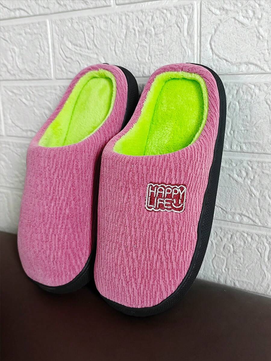 New European And American Cute Personalized Solid Color Cartoon Embroidered Cross-Border Plush Slippers For Women And Men, Comfortable Furry Slip-On House Slippers For Indoor Wear, Plus Size Couple Warm Bedroom Slippers - Pink - View 1