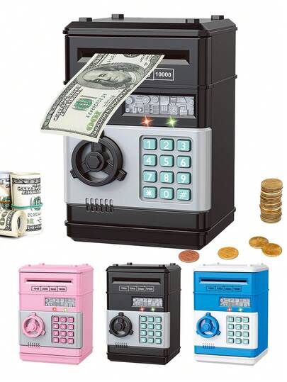电动大容量存钱罐 ATM 自动滚动钱币密码解锁带灯光和声音，儿童储蓄硬币盒玩具，送给男孩和女孩的礼物，包含一些随机配件 - 不含常规电池