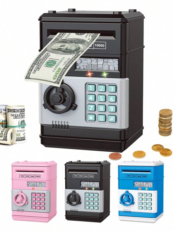 Hucha eléctrica de gran capacidad tipo Hucha ATM con función de desenrollado automático, desbloqueo con contraseña, con luz y sonido, caja para guardar monedas como juguete para niños y niñas, incluye algunos accesorios aleatorios - No incluye baterías regulares